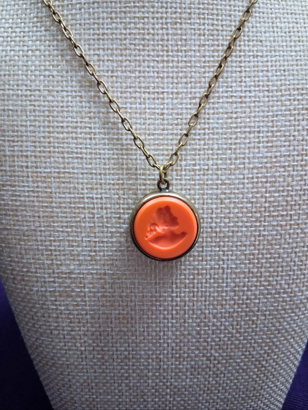 Vintage EXTASIA Intaglio Cameo Necklace Orange Coral Opaque Glass Artisan Made - Picture 11 of 14